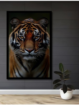 Aslan Gözlü Kaplan Ormanların Kralı Yağlı Boya Görünümlü Ahşap Ev,antre,ofis Tablo Çerçeve Görünümlü