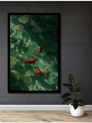 Yemyeşil Sularında Dans Eden Kırmızı Balıklar Sulu Boya Görünümlü Ahşap Tablo Çerçeve Görünümlü