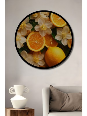 Cömert Portakallar ve Beyaz Çiçekler Ahşap Tablo Yuvarlak Tablo Çerçeve Görünümlü