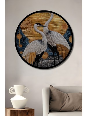 Altın Güneş ve Iki Leylek Yağlı Boya Görünümlü Ahşap Tablo Yuvarlak Duvar Tablosu Çerçeve Görünümlü