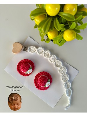 Livadesign7 Yenidoğan Saçsız Bebek Tokası ve Emzik Askısı El Emeği Örgü 3'lü Set