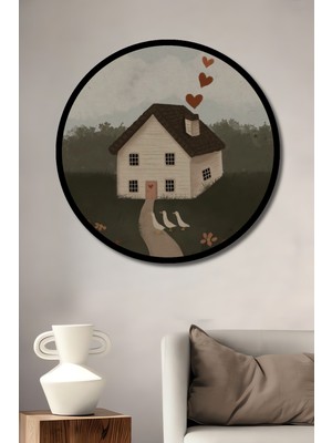 Mutlu Yuva Sevimli Kazlar Sulu Boya Görünümlü Ahşap Tablo Yuvarlak Duvar Tablosu Çerçeve Görünümlü