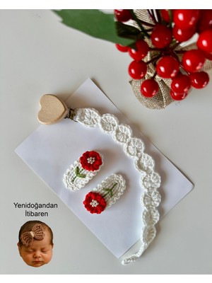 Livadesign7 Yenidoğan Saçsız Bebek Tokası ve Emzik Askısı El Emeği Örgü 3'lü Set