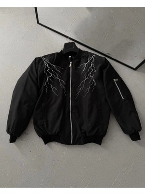 byasafkids Yıldırım Baskılı Uzun Kol Bomber Ceket - Siyah