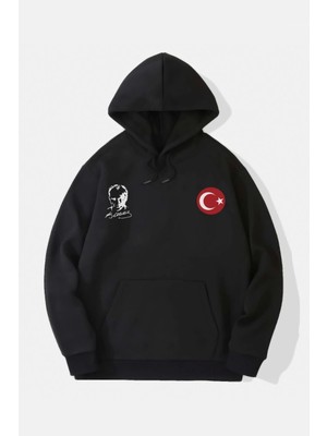 byasafkids 10 Kasıma Özel Üç Iplik Kapşonlu Baskılı Sweatshirt - Siyah