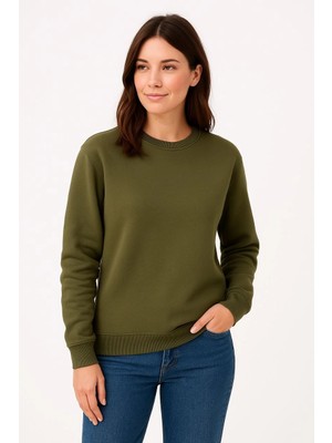 Velmora Fashion Velmora Premium Üç Iplik Düz Bisiklet Yaka Sweatshirt - Haki