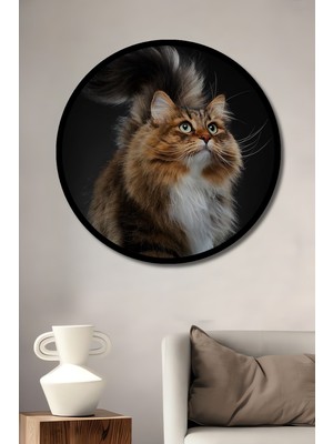 Muhteşem Tüy Dökümü Sanatlı Kedi Yağlı Boya Görünüm Ahşap Tablo Yuvarlak Duvar Tablo Çerçeve Görünüm