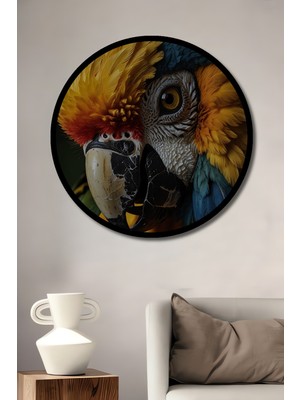 Büyüleyici Macaw Kuş Tablosu Sulu Boya Görünüm Ahşap Tablo Yuvarlak Duvar Tablosu Çerçeve Görünüm