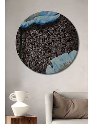 Büyülü Mavi Gelincik Yağlı Boya Görünümlü Ahşap Dekoratif Tablo Yuvarlak Duvar Tablosu