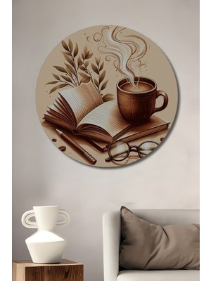 Kitap Kahve Gözlük Sanat Baskı Ahşap Dekoratif Tablo Yuvarlak Duvar Tablosu