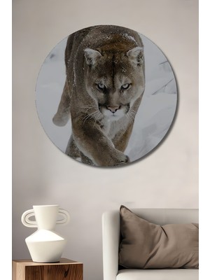 Kış Ormanı Panteri Yağlı Boya Görünümlü Dekoratif Ahşap Tablo Yuvarlak Duvar Tablosu