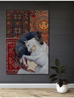 Iki At ve Güneş Kadın Desenli Ahşap Dekoratif Ev,antre,salon,ofis,mutfak,yatak Odası Tablo