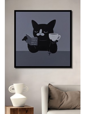 Kara Kalem Görünümlü Kedi Okuyor ve Kahve Içiyor Ahşap Ev,antre,ofis,mutfak Tablo Çerçeve Görünümlü