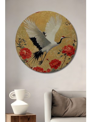 Kırmızı Çiçekli Ulu Kırmızı Güneş Turnası Sulu Boya Görünümlü Sanat Tablo Ahşap Tablo Yuvarlak Tablo