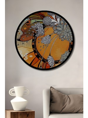 Soyut Çiçek Desenli Yağlı Boya Görünümlü Ahşap Tablo Yuvarlak Duvar Tablosu Çerçeve Görünümlü