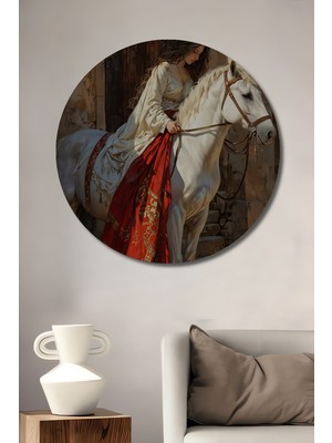 Kraliyet Beyaz Atlı Prenses Yağlı Boya Görünümlü Ahşap Dekoratif Tablo Yuvarlak Duvar Tablosu
