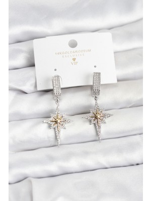 Epilons Zirkon Taşlı Gümüş Renk Pirinç Kutup Yıldızı Model Kadın Küpe - TJ-BKP11515