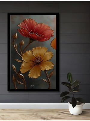 Altın Vurgulu Kırmızı ve Sarı Güller Yağlı Boya Görünümlü Ahşap Dekoratif  Tablo Çerçeve Görünümlü