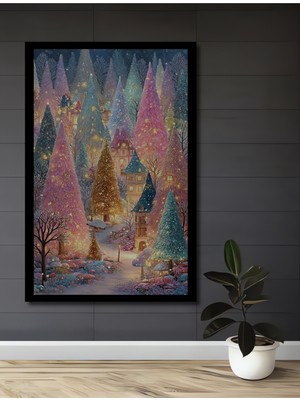 Rüyalar Diyarı Noel Ağaçları Sulu Boya Görünümlü Ahşap Ev,antre,ofis,mutfak Tablo Çerçeve Görünümlü