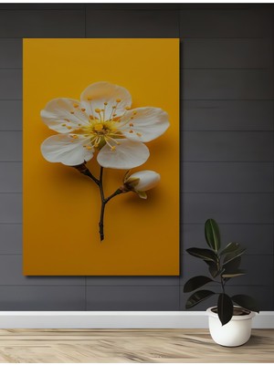 Sarı Fonlu Beyaz Çiçek Yağlı Boya Görünümlü Ahşap Dekoratif Ev,antre,salon,ofis,mutfak Tablo
