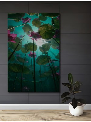 Su Altı Lotus Bahçesi Yağlı Boya Görünümlü Dekoratif Ahşap Ev,antre,salon,ofis,mutfak Tablo