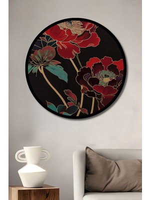 Zarif Kırmızı Şakayıklar Sulu Boya Görünümlü Ahşap Tablo Yuvarlak Duvar Tablosu Çerçeve Görünümlü