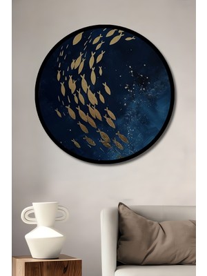 Altın Sürü Halindeki Balıklar Yağlı Boya Görünüm Ahşap Tablo Yuvarlak Duvar Tablosu Çerçeve Görünüm