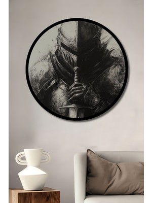 Cesur Şövalye Kara Kalem Görünümlü Ahşap Dekoratif Tablo Yuvarlak Duvar Tablosu Çerçeve Görünümlü
