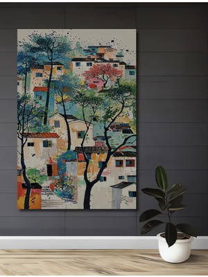 Renk Cümbüşü Evler Sulu Boya Görünümlü Ahşap Dekoratif Ev,antre,salon,ofis,mutfak,yatak Odası Tablo
