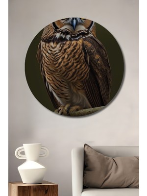 Görkemli Baykuş Yağlı Boya Görünümlü Ahşap Dekoratif Tablo Yuvarlak Duvar Tablosu