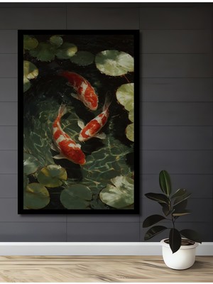 Asya Esintili Canlı Koi Balıkları Sulu Boya Görünümlü Ahşap Ev,antre,ofis Tablo Çerçeve Görünümlü