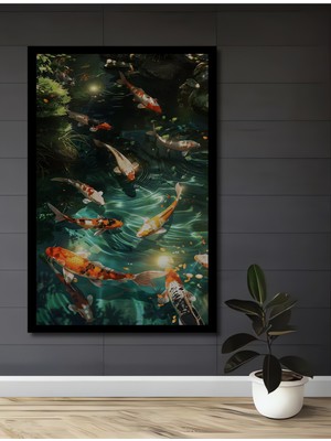 Yağlı Boya Görünümlü Koi Balıkları Ahşap Ev,antre,ofis,mutfak,yatak Odası Tablo Çerçeve Görünümlü