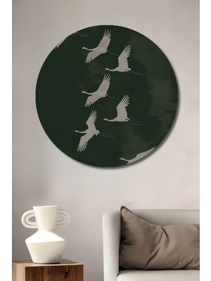 Göçe Kuşları Sürüsü Sulu Boya Görünümlü Ahşap Dekoratif Tablo Yuvarlak Duvar Tablosu