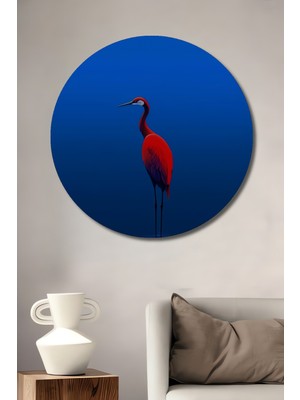 Kırmızı Balıkçıl Kuş Sulu Boya Görünümlü Modern Sanat Ahşap Dekoratif Tablo Yuvarlak Duvar Tablosu