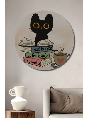 Kedi ve Kitap Aşkına Sulu Boya Görünümlü Dekoratif Ahşap Tablo Yuvarlak Duvar Tablosu