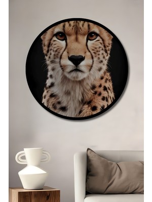 Cheetah Kralı Yağlı Boya Görünümlü Dekoratif Ahşap Tablo Yuvarlak Duvar Tablosu Çerçeve Görünümlü