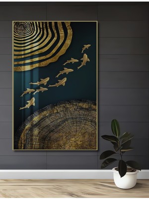 Altın Ağaç Dilimi ve Balık Sürüsü Yağlı Boya Görünümlü Ahşap Dekoratif Ev,antre,salon,ofis Tablo