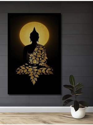 Altın Yapraklı Meditatif Buda Ahşap Ev,antre,salon,ofis,mutfak,yatak Odası Tablo Çerçeve Görünümlü