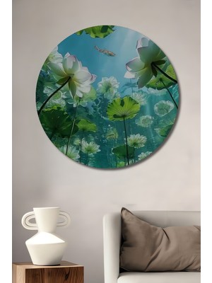 Su Altı Nilüfer ve Koi Balığı Yağlı Boya Görünümlü Ahşap Dekoratif Tablo Yuvarlak Duvar Tablosu