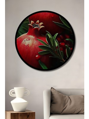 Canlı Nar Taneleri Sulu Boya Görünümlü Ahşap Tablo Yuvarlak Duvar Tablosu Çerçeve Görünümlü