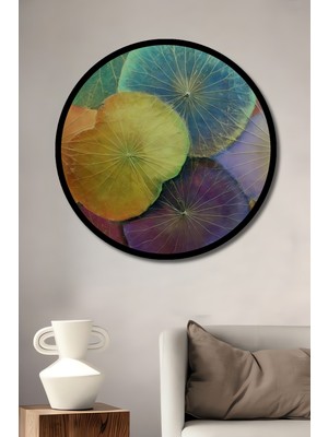 Lotus Yaprakları Sulu Boya Görünümlü Dekoratif Ahşap Tablo Yuvarlak Duvar Tablosu Çerçeve Görünümlü