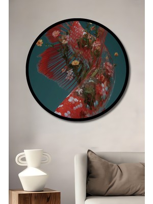Kızıl Betta Balığı Çiçek Açan Rüya Ahşap Dekoratif Tablo Yuvarlak Duvar Tablosu Çerçeve Görünümlü