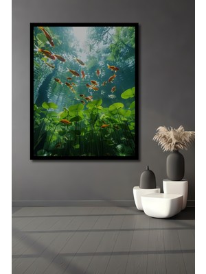 Altın Balık Sürüsü Yağlı Boya Görünümlü Ahşap Ev,antre,ofis,yatak Odası Tablo Çerçeve Görünümlü