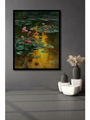 Monet Tarzı Nilüfer Gecesi Yağlı Boya Görünümlü Ahşap Ev,antre,ofis,mutfak Tablo Çerçeve Görünümlü