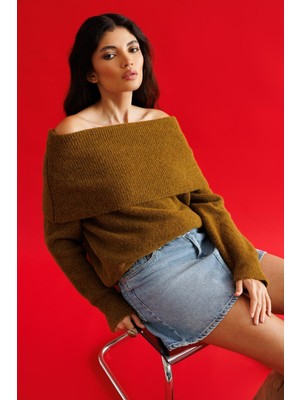 Mixray 6997 Kadın Madonna Yaka Yün Karışımlı Triko Kazak Yağ Yeşili