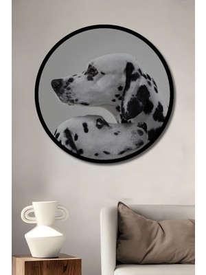 Dalmations Sanatçı Ikili Yağlı Boya Görünümlü Ahşap Tablo Yuvarlak Duvar Tablosu Çerçeve Görünümlü
