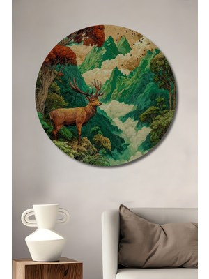 Görkemli Geyik ve Sarp Dağlar Manzarası Yağlı Boya Görünümlü Ahşap Tablo Yuvarlak Duvar Tablosu