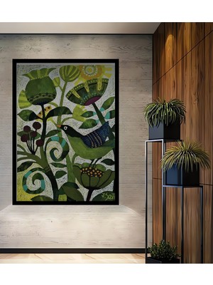 Yeşil Doğa Kuş Figürlü Pastel Boya Görünümlü Modern Sanat Ahşap Ofis,mutfak Tablo Çerçeve Görünümlü