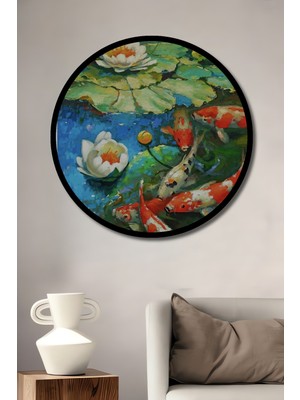 Canlı Koi Balıkları ve Nilüfer Çiçekleri Ahşap Tablo Yuvarlak Tablo Çerçeve Görünümlü