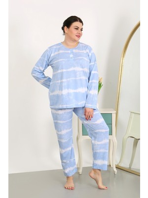 İbrahim Burak Etiler Collection Moda Çizgi Kadın Büyük Beden Uzun Kol Penye Pijama Takımı Mavi 202502